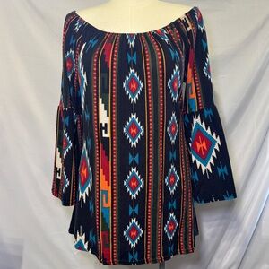 Win Win Top Womens L-XL Multicolor Aztec Bohemian Bell Sleeve Tunic Mini Dress